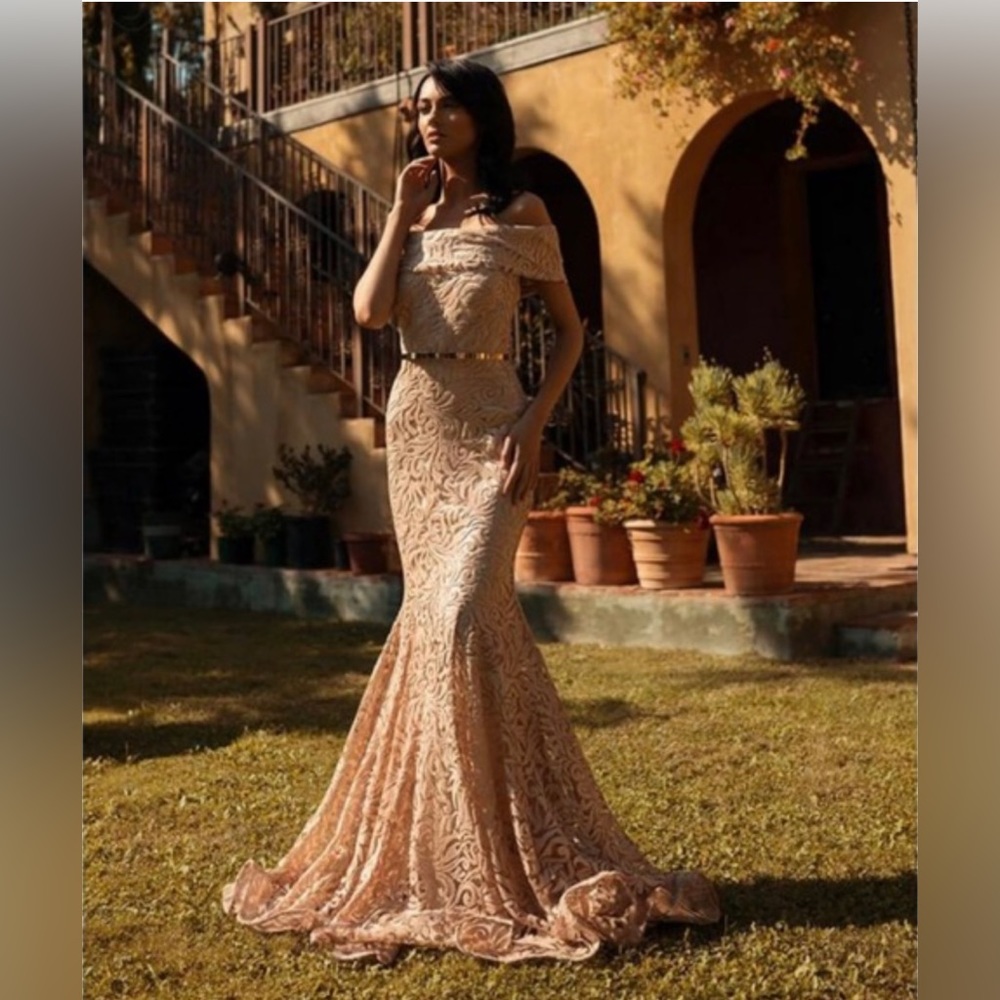 Blush/tan off shoulder gown Nicole Bakti
